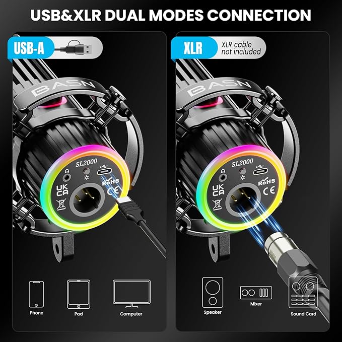 BASN USB/XLR Dynamic Microphone, Live Streaming, Gaming Recording with Three-in-One Mute Button,RGB Lighting and MIC Stand for PC (Black) SL2000