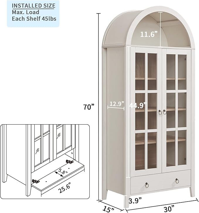 70" Tall Arched Cabinet, Modern Farmhouse Wooden Display Cabinet with Glass Doors, 6 Tier Bookshelf with Adjustable Shelves for Living Room, Office, Antique White