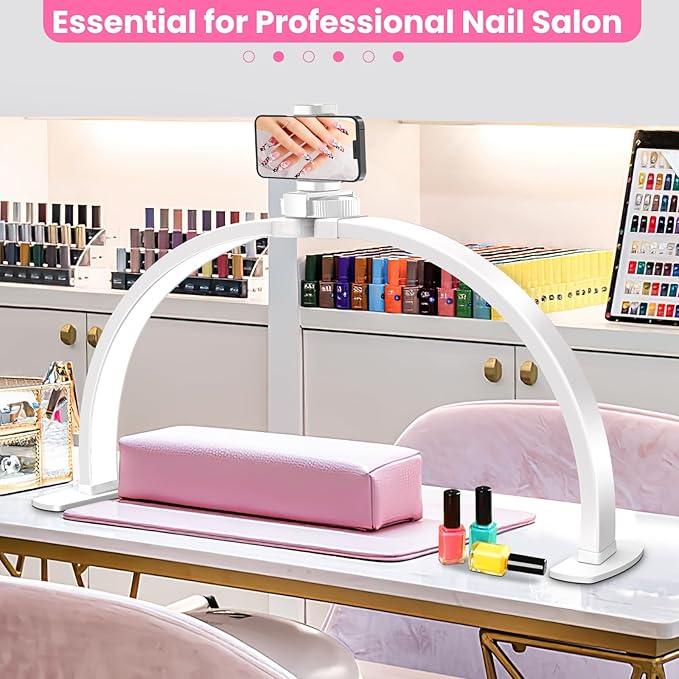 Nail Half Moon Light: Professional 29in Stable Moonlight with Phone Holder, 3 Light Color Modes/10 Brightness Adjustable for Salon & Home Manicure Station(White,Large)