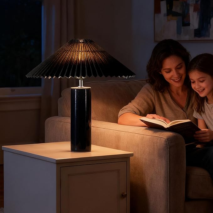 EOEYYOYB Ceramic Table Lamps for Bedroom, Adjustable Shade Lamps for Night Stands, Modern Cylindrical Nightstand Table Lamps 5W E26 for Bedroom Bedside Buffet, Black