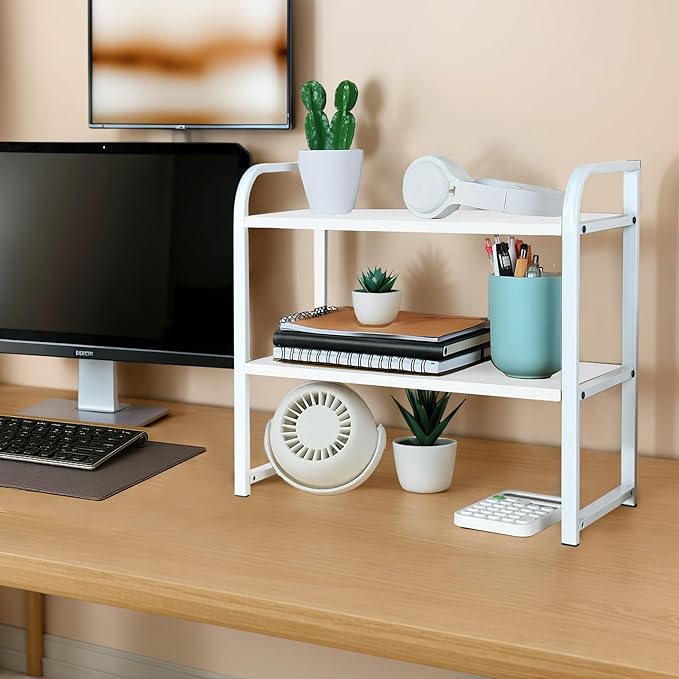 Desktop Shelf Organizer Office Desk Shelf for Top of Desk Wood & Metal Bookshelf Supplies Storage Rack (White)