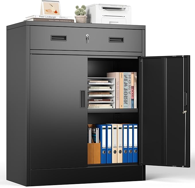 Metal Storage Cabinet with 1 Drawer, 36" H Locking Storage Cabinet, Metal Cabinets with Doors and Shelves for Home, School, Office, Garage, Black