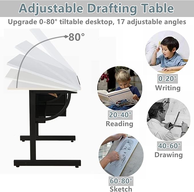 Drafting Table, Adjustable Drawing Desk with Stool, Art Table with Storage Drawers for Artists/Architect/Art Hobbyist, Design for Sketch Painting Artistic Craft Supplies, Type 5-White
