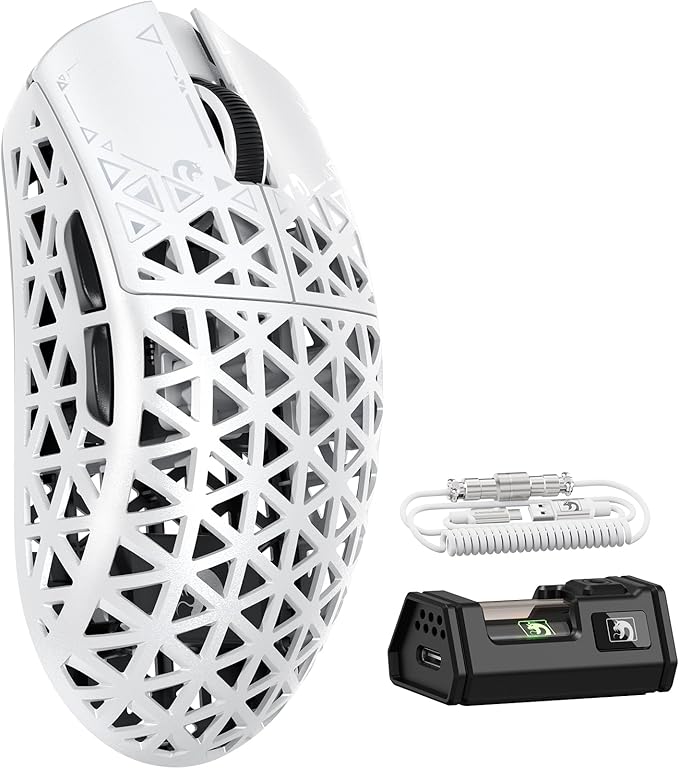 MAMBASNAKE M5 Ultra Carbon Fiber 8000Hz Wireless Gaming Mouse, 39g Superlight, 42000DPI, PAW3950MAX Sensor, Nordic 52840 Chip, Bluetooth/2.4G/USB-C Wired Mice wih Coiled Cable for PC/Mac (White)