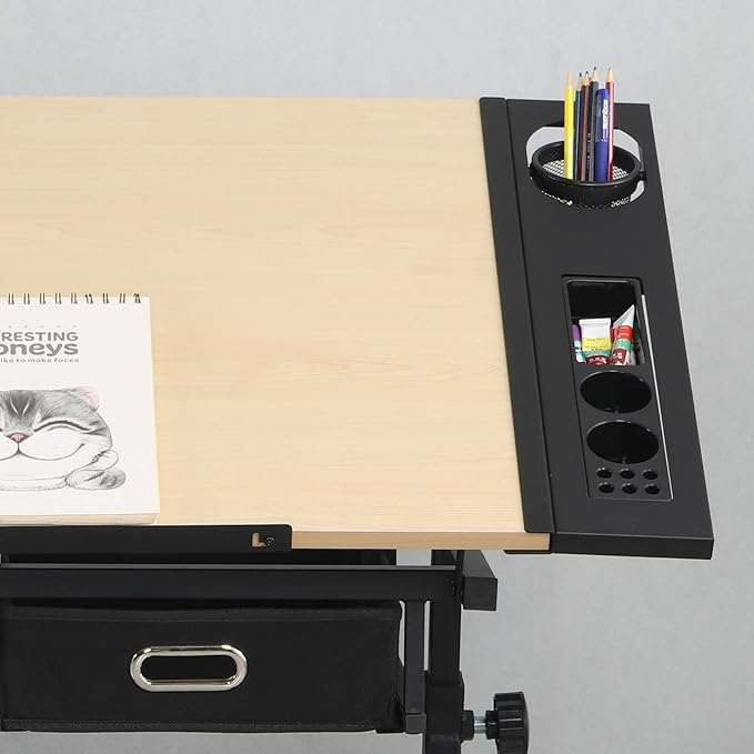 Miscoos Adjustable Drawing Drafting Table Desk with 2 Non-Woven Storage Drawers and Stool for Home Office and School, Wood, Ameican White Oak, MDF + Metal