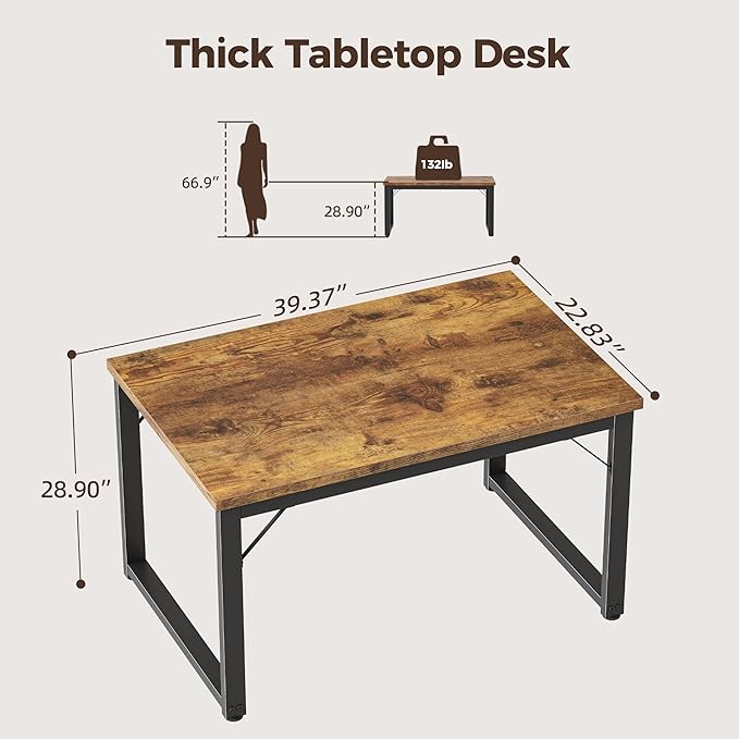 Mericonia 40 Inch Computer Desk, 1" Thick Modern Simple Study Writing Table, Heavy Duty Industrial Office Desk for Home Bedroom Workstation, Brown