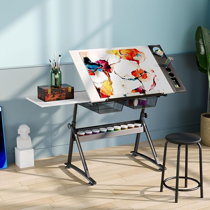 OS MOTOR Adjustable Height Drafting Table with Wood Top, Art Craft Desk with Slide-Out Drawers, Storage, for Drawing, Writing, Painting, and Creative Tasks, Ideal for Home Office, White