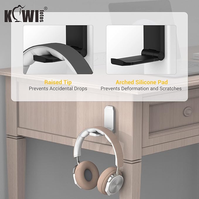 KIWIFOTOS 2 Pack Adhesive Desk Headphone Hanger, PC Gaming Headset Holder Stand, Adhesive Holder Mount for Wall, Foldable Headphones Hook Mount Under Desk - White,Two Pack