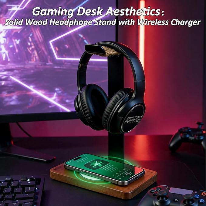 Handmade Wood Headset Stand with Fast Wireless Charging Pad- QI Wireless Charging Dock Compatible with iPhone 17/16/15/14 /Samsung Series,2-in-1 Universal Holder for All Table Headphones