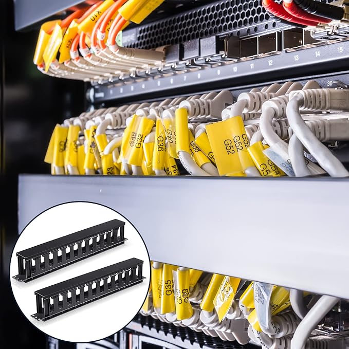 Leinuosen 8 Pcs 1U Rack Cable Management Sleeves Horizontal Mount Cable 12 Slot Management Clips Rack with Panel Cover 19 Inch for Wall Shelf Mount