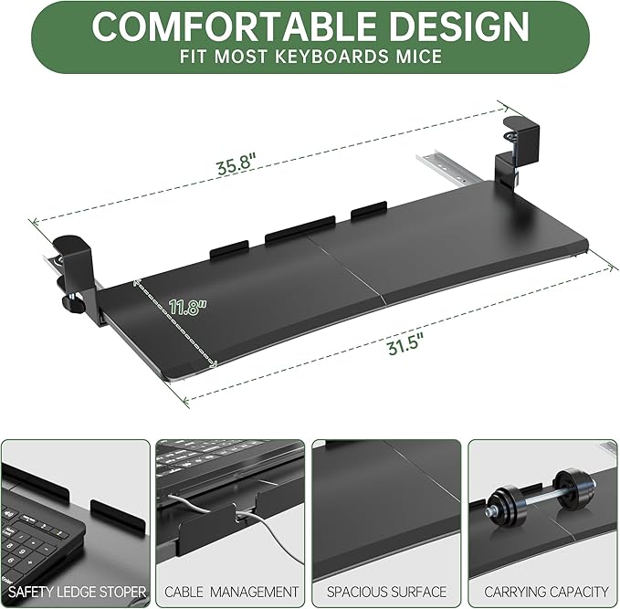 UPGRAVITY Extra Large Keyboard Tray Under Desk - Slide Out with Sturdy C-Clip Mount System, 31.5" (35.8" Including Clamps) x 11.8" Put-Out Keyboard Tray Computer Drawer for Ergonomic Typing, Black