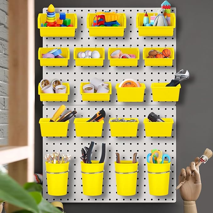 Roowest 60 Pcs Pegboard Cups Pegboard Bins Set, Wall Organizer with Hooks and Loops, Hooks Assortment Organizer Accessory for Office Storage Garage Craft Workshop(Yellow)