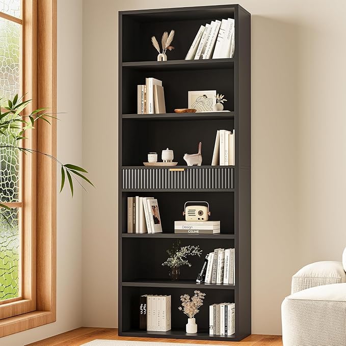 INNOD 7-Tier Bookshelf with Storage, 72" Tall Bookcase with Drawer, Display Book Shelf Book Organizer with Anti-tip Device, Home Decor Wood Furniture for Office, Bedroom, Living Room, Black