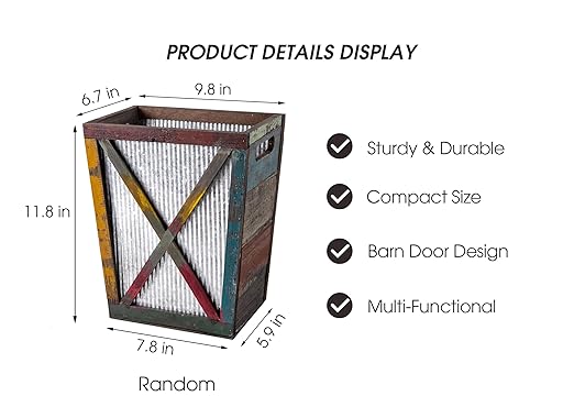 Venalys Small Wood Trash Can Wastebasket, Decorative Barn Door Garbage Can Waste Basket, Rustic Distressed Rectangular Trash Bin, Farmhouse Wooden Storage Basket Waste Paper Bin (Random)