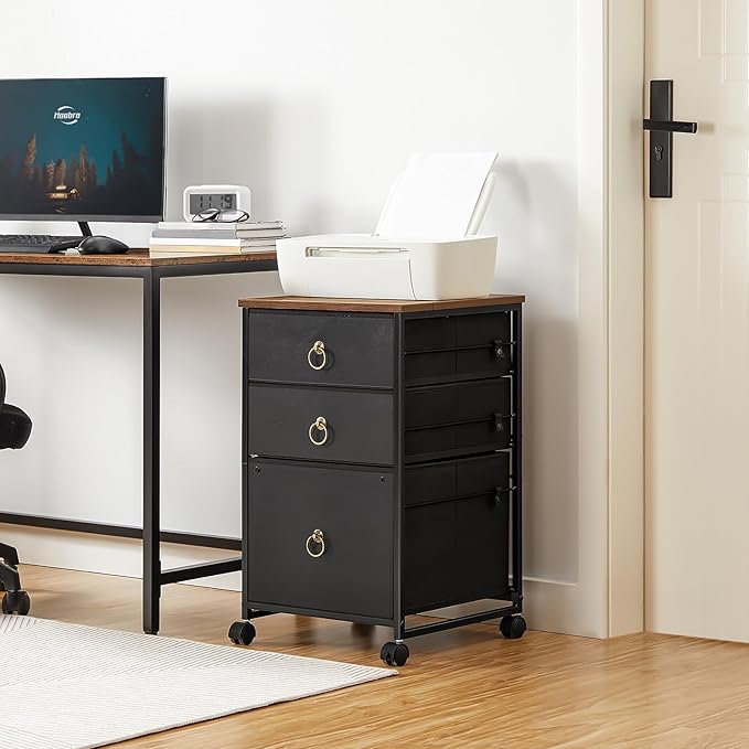 HOOBRO 3-Drawer Mobile File Cabinet, Vertical Filing Cabinet, Under Desk Storage Drawers for Home Office, Rolling Printer Stand, A4/Letter-Sized, Nonwovens Drawer, Rustic Brown and Black BFK30WJ01
