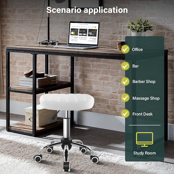 BFTOU White Minimalist Square Swivel Stool with Wheel for Work SPA Shop Massage Height-Adjustable and Cost-Effective Rolling Stool Chair