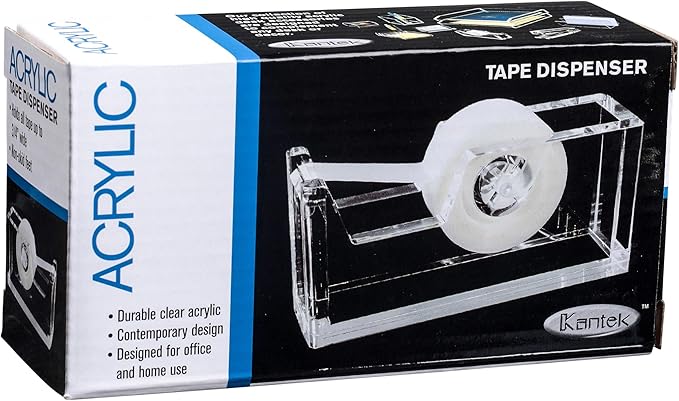 Kantek Clear Acrylic Office Tape Dispenser, Fits Standard 3/4" Refill Rolls, Office Organizer, Desk Accessory, 1.8" x 5.6" x 2.9", Non-Skid Feet for Single Handed Dispensing