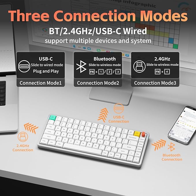 nuphy Air75 V3 Hot Swappable Wireless Mechanical Keyboard, 84 Keys 75% Custom Low Profile Keyboard with Knob, RGB Backlit, Gasket Mounted, Support Bluetooth/2.4GHz/USB-C,White-Brown Nano