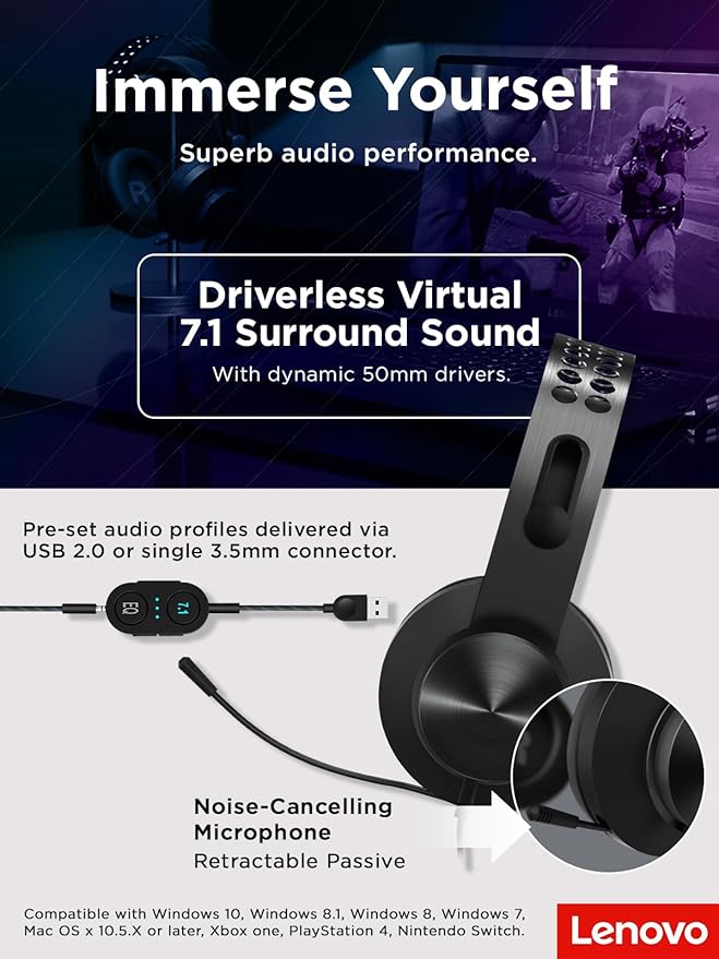 Lenovo Legion H500 PRO 7.1 Surround Sound Gaming Headset, Noise-Cancelling Mic, Memory Foam & PU Leather Earcups, Stainless Steel Headband, PC, PS4, Xbox One, Nintendo Switch, GXD0T69864, Black