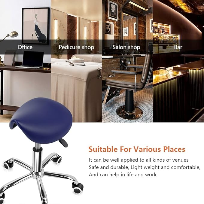KKTONER Rolling Saddle Stool PU Leather Swivel Adjustable Rolling Stool with Wheels Salon Chair (Blue)