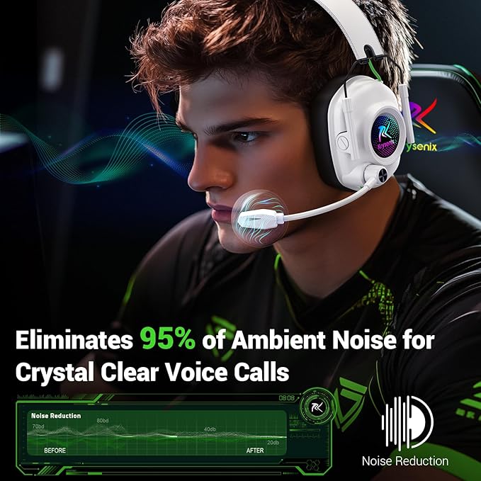 Krysenix 2.4 GHz Wireless Gaming Headset for PC, PS5, PS4, Switch, Mac, Bluetooth 5.4 Gaming Headphones with Noise Canceling Microphone, Cool RGB Lighting, 50Hr Battery, Foldable, 50mm Drivers-White