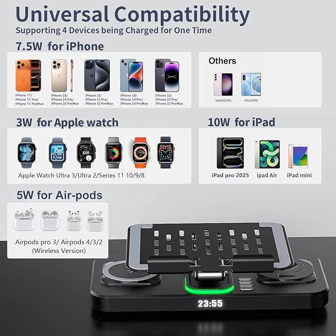 30W Foldable Charging Station for Multiple Devices, iPad Charging Station with Clock Display & Night Light for iPhone 17 Pro Max/16/15/iWatch 11/Air-pods 3/iPad 2025/Tablet Stand Holder