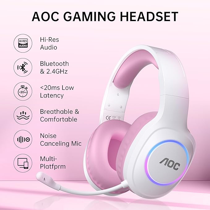 AOC Wireless Gaming Headphones with USB-C for PS5/4, Nintendo Switch, PC, Bluetooth 5.4 & 2.4GHz Gaming Headset with Noise Canceling Mic, RGB, 20ms Latency, 45H, 7.1 Virtual Surround- Pink