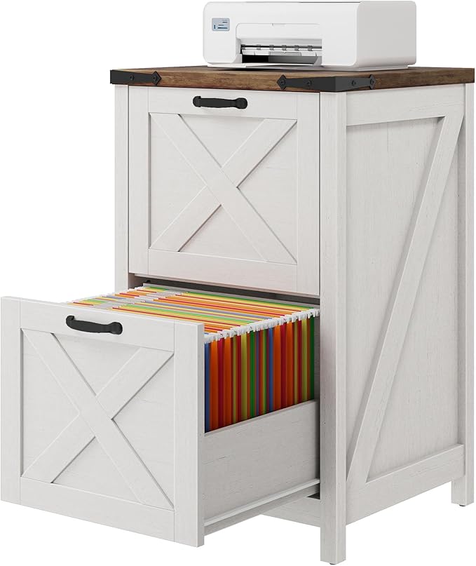 Vabches Vertical File Cabinet with 2 Drawers, Wooden Farmhouse Filing Cabinet for Letter/A4 Size Hanging Files, Under Desk Printer Stand with Storage for Home Office, Rustic White