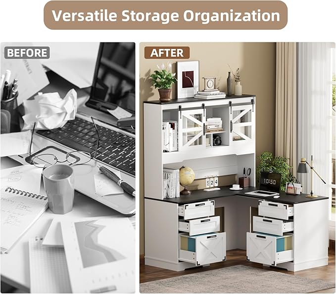 VOWNER 57" Farmhouse L Shaped Desk with Hutch, Executive Desk with Charging Station, Home Office Desk with Sliding Doors and File Cabinet, Wood Corner Computer Desk with Drawers for Home Office, White