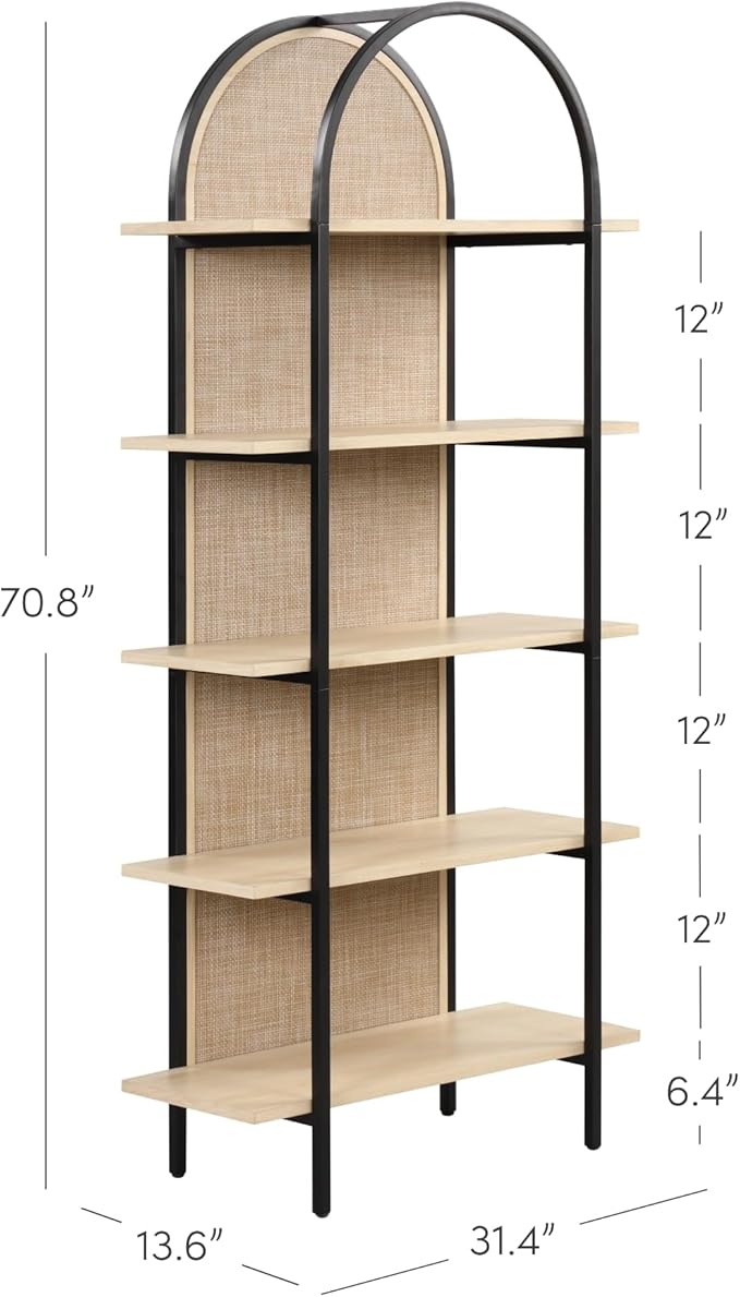 Nathan James Amara Bohemian 5-Shelf Etagere Bookcase, Rattan Open Bookshelf with Arch Top, Light Oak/Matte Black, Set of 4