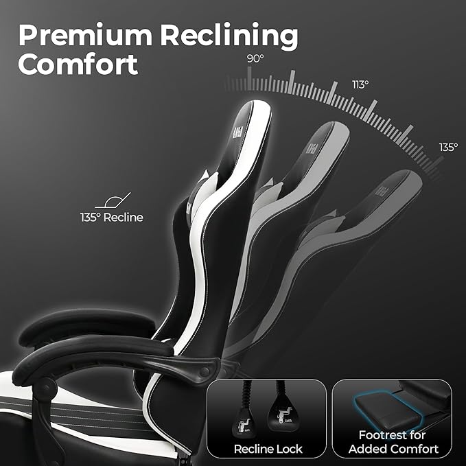 NEO CHAIR Video Gaming Chair with Footrest High Back Ergonomic Comfortable Office Computer Desk with Lumbar Support Height Adjustable with PU Leather Recliner for Adults Women Men (White)