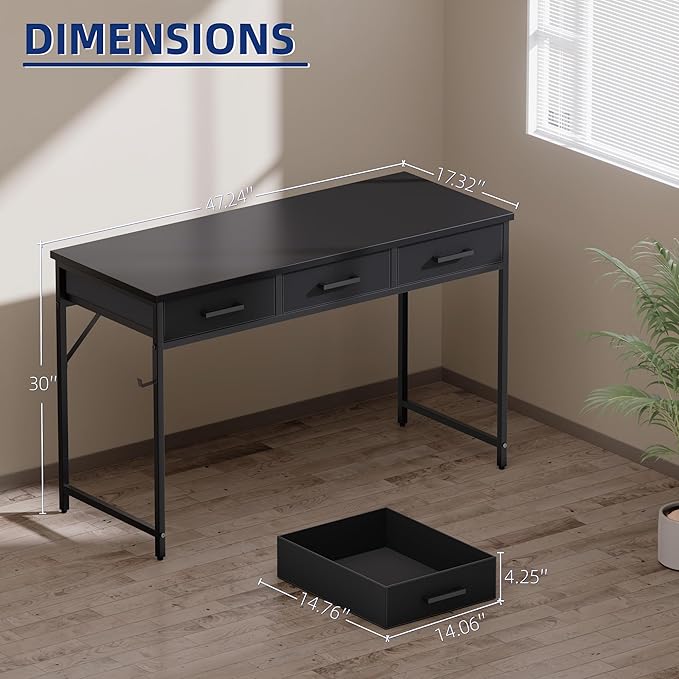 Pamray 47 Inch Small Computer Desk with 3 Drawers for Bedroom Study Writing Home Office Table for Small Spaces White