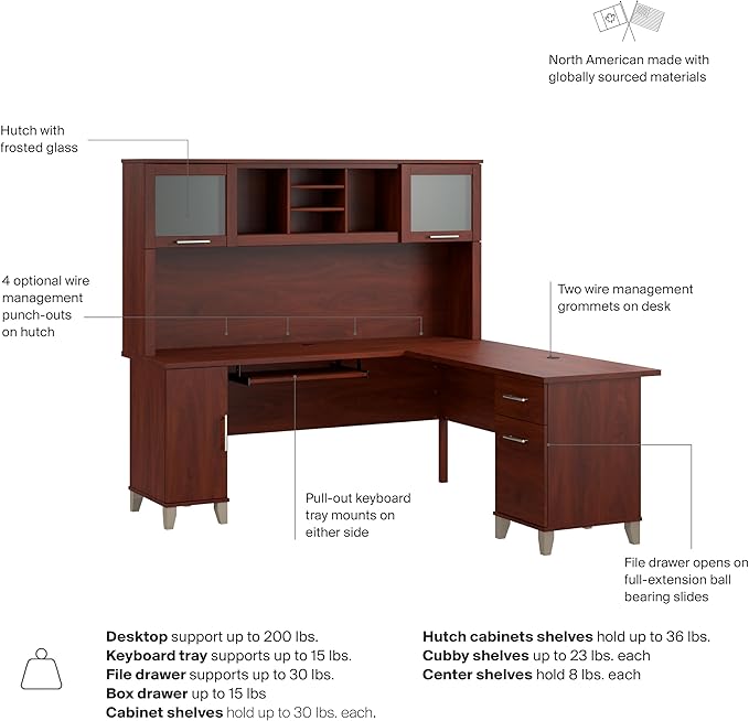 Bush Home Somerset 72W L Shaped Desk with Hutch in Hansen Cherry