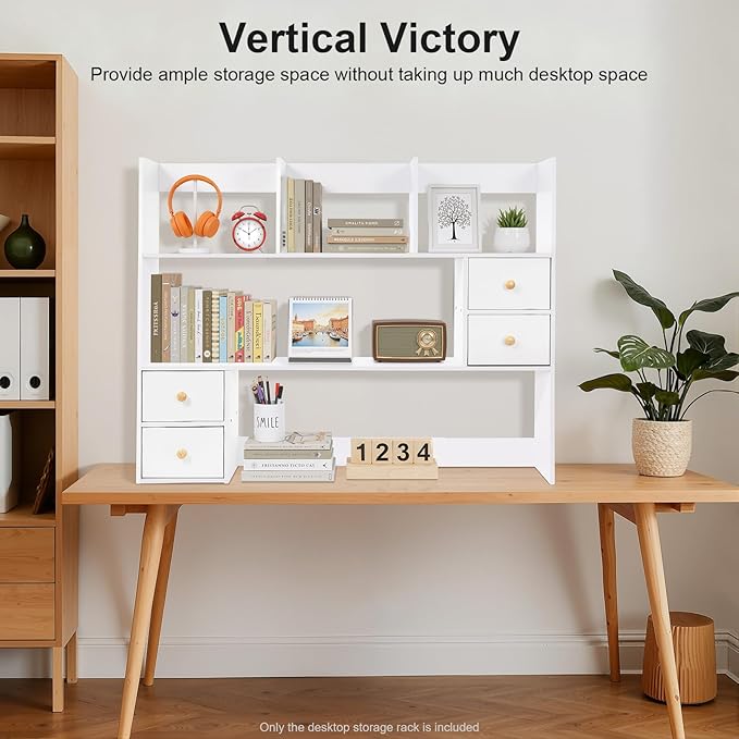 3-Tier Desktop Hutch Bookshelf, 31.5 Inch Desktop Bookshelf Storage Rack with 4 Drawers, Desk Hutch for Computer Monitor, Desk Shelf Bookcase for Home Office Dorm