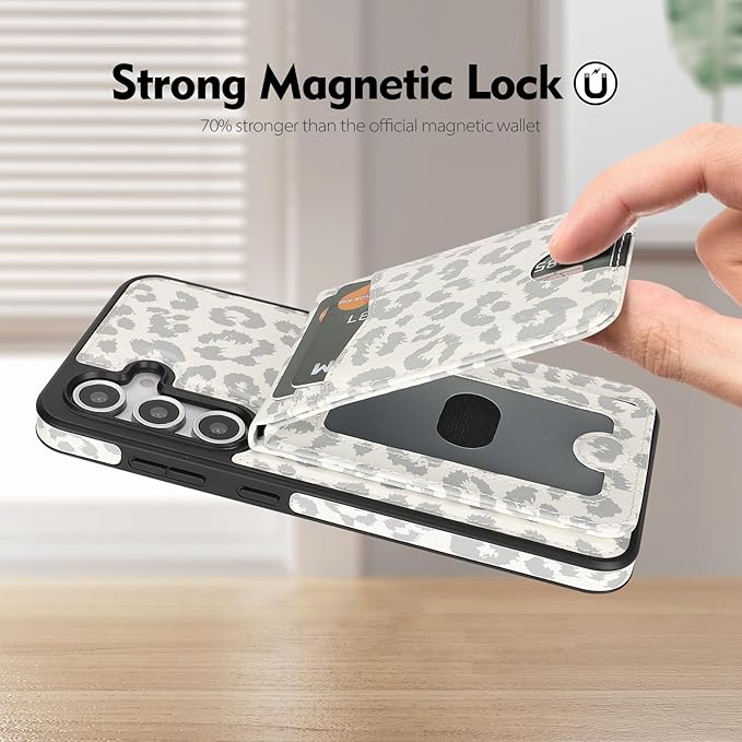 SkyEagle Compatible with Magsafe 2 in 1 Detachable Galaxy S25 Wallet Case with Card Holder,Women Men Magnetic PU Leather RFID Blocking Flip Kickstand Credit Slots for Galaxy S25 6.2",Leopard-White