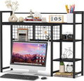 Snughome Desk Shelf, 38.6" Desktop Organizer Shelf, Desk Hutch for Computer Monitor, 4 Tier Desk Display Rack with Pegboard Hooks Set, Wood Desktop Bookshelf for Home Office Dorm, Black