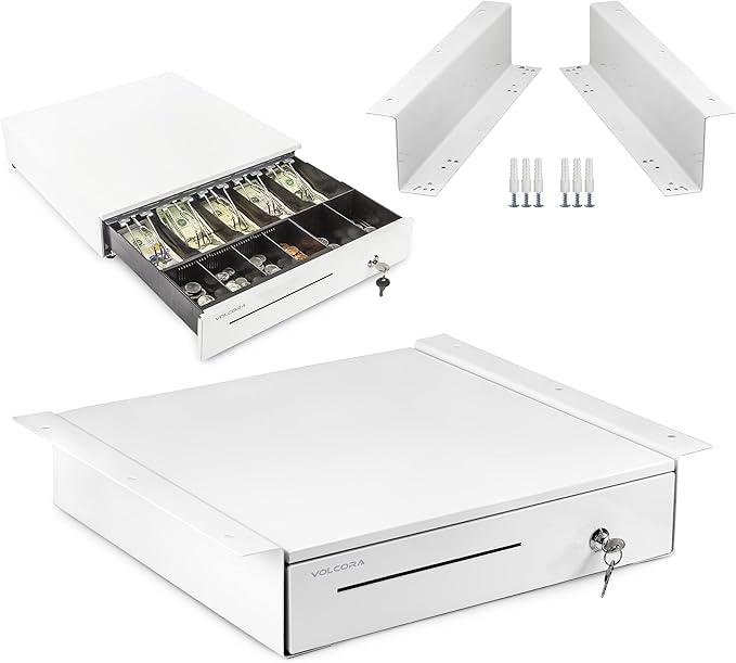 Volcora Cash Register Drawer with Under Counter Mounting Bracket - 16" White Drawer for POS, 5 Bill 6 Coin Cash Tray, Removable Coin Compartment, 12-24V RJ11/RJ12 Key-Lock, Media Slot - for Business