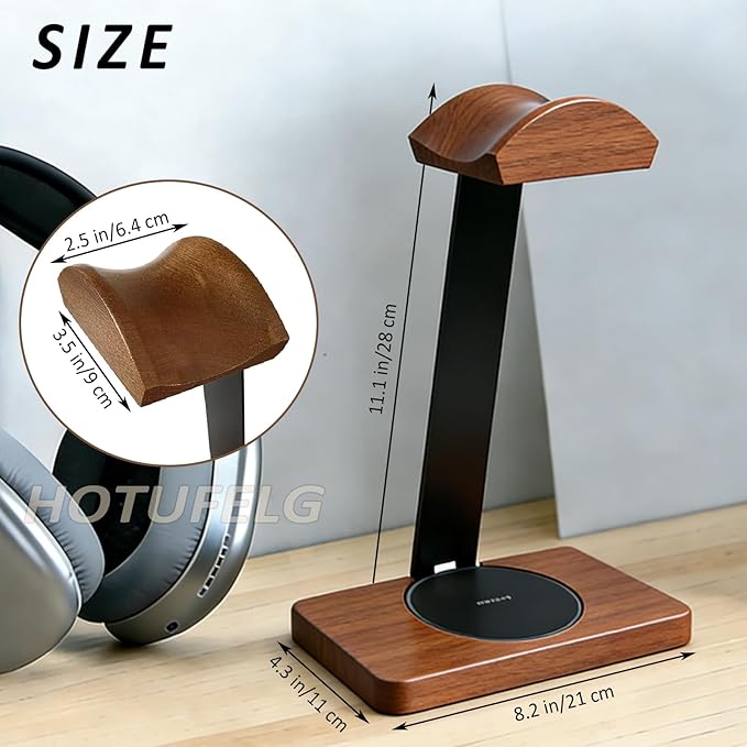 Solid Wooden Headphone Holder, Universal Headset Stand with Wireless Charger for Desk, Wireless Charger Headphone Holder for Gaming Desk Compatible with iPhone Samsung (Black)