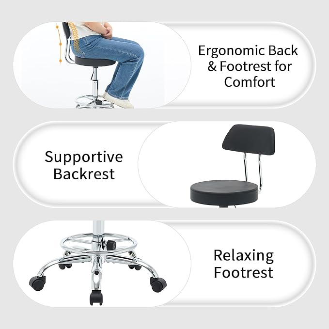 FIRAVOE Office Chair with Back (Adjustable Height Posture Stool 19.5"-26.6")(Drafting Chair on Wheels) Work Stool with Footrest (Black)