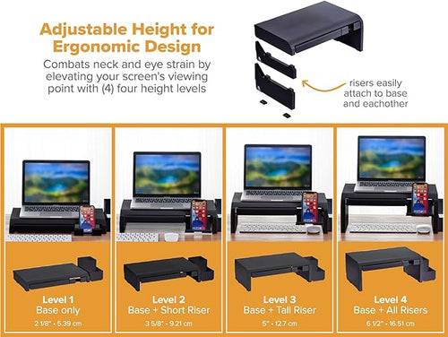 Bostitch Konnect Adjustable Monitor Riser with Drawer, Cell Phone Stand & Pencil Holder, Laptop Stand for Desk, 4 Height Levels, Cable Management & Rubber Feet