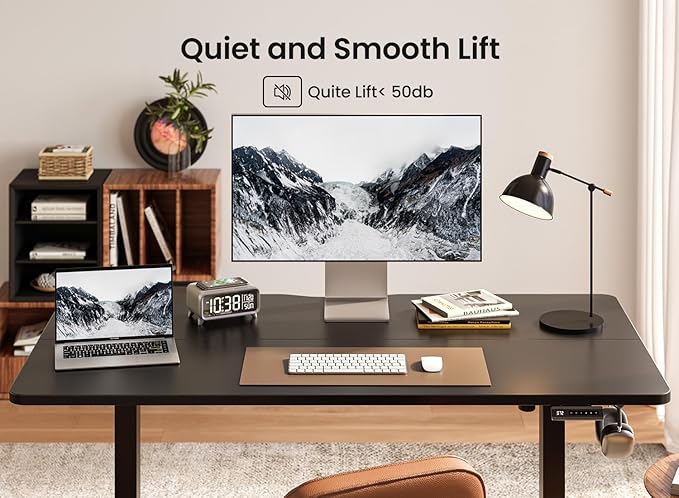 BANTI 55 × 28 Inches Standing Desk, Ergonomic, Electric Height Adjustable, Sit and Stand Up, Computer Desk with a Deeper Desktop, Black Frame/Black Top