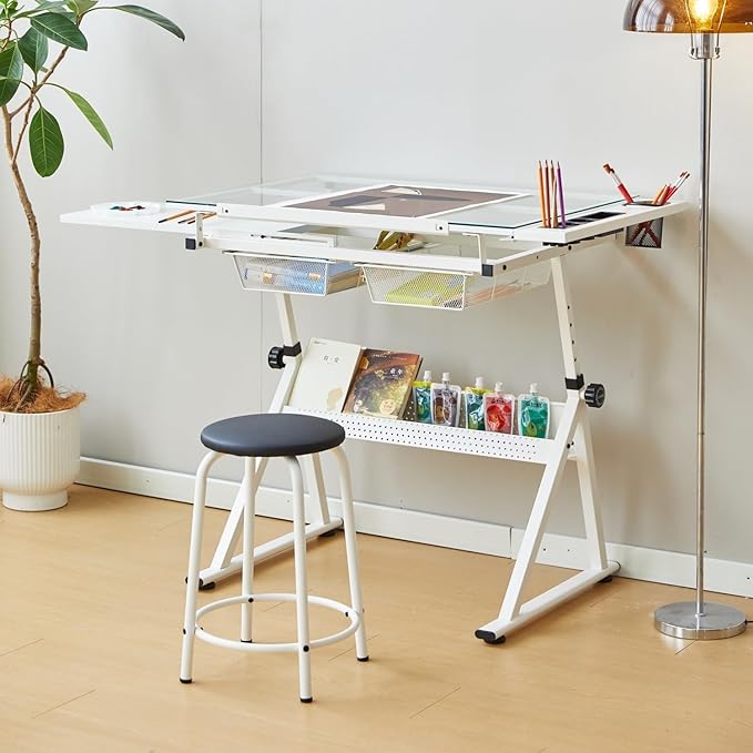 Drafting Table w/Stool, Height Adjustable Drawing Table, Multifunctional Art Craft Paintings Work Station w/2 Storage Drawers Artists Desk Tilting Glass Tabletop for Home Office White
