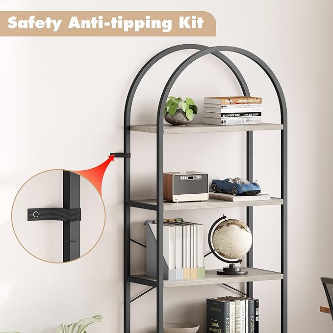 IDEALHOUSE Bookshelf 5 Tier Bookcase Arched Display Racks Tall Standing Bookshelves Metal Frame Modern Storage Rack Shelf Large Wood Book Shelf for Bedroom, Living Room, Home Office (Grey)