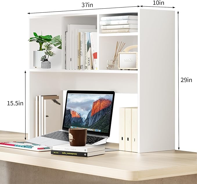 AQQHSAIN Desktop Bookshelf Wooden Desktop Hutch Storage Organizer Multipurpose Tabletop Display Rack with 4 Shelves for Computer Desk Hutch for College Dorm Office Home (White)