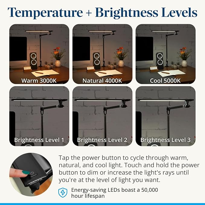 UPLIFTDESK E7 LED Desk Lamp - Adjustable 3 Color Modes, Dimmable Home Office Desk Light for Standing Desk, Dual Monitors, Aluminum Task Lamp (Silver Base)
