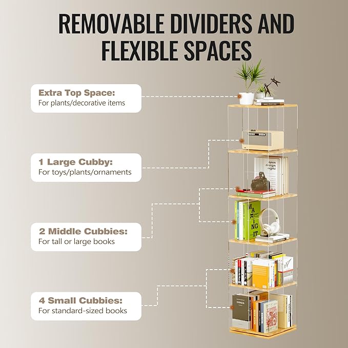 TAKEKIT 5-Tier Rotating Bookshelf, 360° Spinning Book Shelf Tower with Solid Wood & Clear Acrylic, Square Revolving Bookcase for Kids Room, Living Room, Bedroom and Office