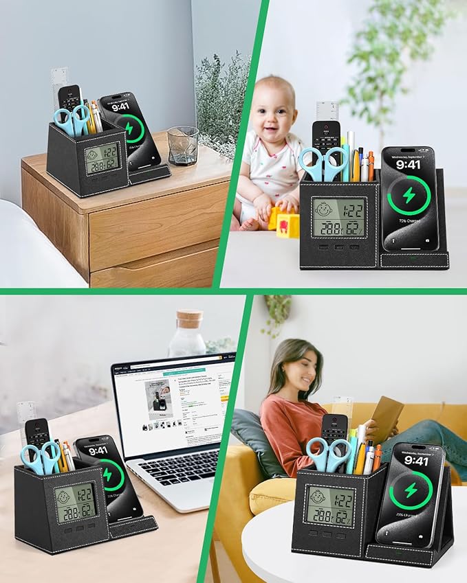 Pen Holder with Wireless Charger, Built in Digital Indoor Thermometer and Humidity Monitor, Multi-Functional Desktop Organizer for Home, School, Office Supply, Midnight Black