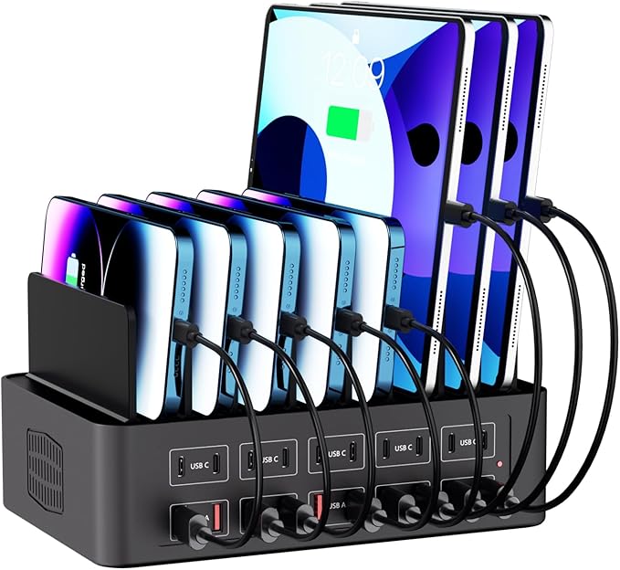 150W/35A Charging Station for Multiple Devices, 20 Port USB C Fast Charging Station with Adjustable Dividers - Organizer Charging Dock for Smartphone, iPad, Kindle, Tablet & More