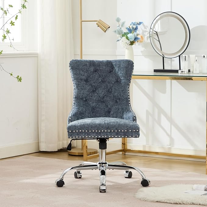 Goujxcy Desk Chair, Modern Chenille Upholstered Tufted Button Home Office Chair, 360° Swivel Armless Desk Chairs, 120°Rocking Ergonomic Computer Task Vanity Chairs, Light Blue