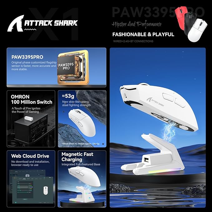 X1 Superlight Wireless Gaming Mouse with RGB Magnetic Charging Dock, BT/2.4G Wireless/Wired Gaming Mouse, PAW3395PRO Gaming Sensor, 40000DPI, Tape, 53g Office Mice for PC/Mac/Win/Xbox (White)